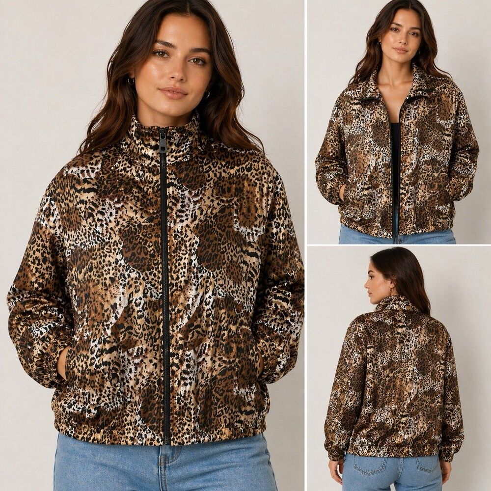 Fuda International Silk Leopard Print Jacket Y2K Full Zip Lightly Padded Size S